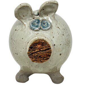 Handcrafted Ceramic Glazed Pottery Beige Blue Piggy Bank Cork Stopper Signed